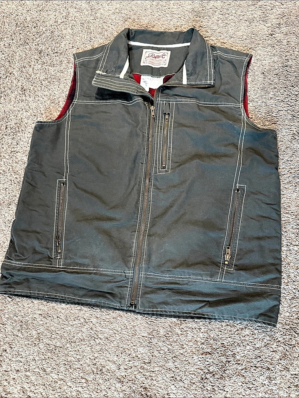 Rafter C Cowboy Collection Men’s M Olive Gray Western Zip Vest Plaid Lined